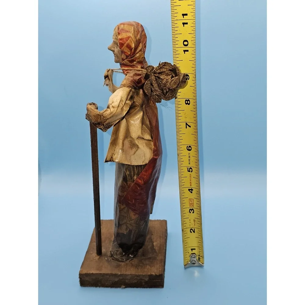 VINTAGE MEXICAN FOLK ART PAPER MACHE Old‎ Woman with Bundle on back and cane